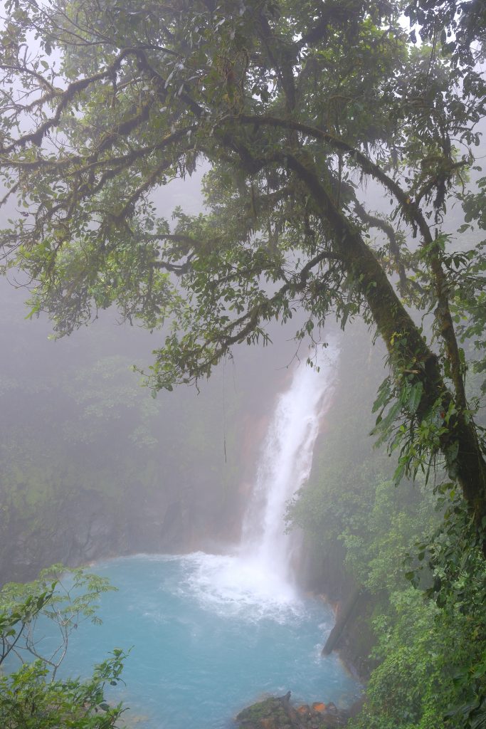 Cascade tropicale puissante se jetant dans un bassin d'eau bleu turquoise entouré de brume et de végétation dense.